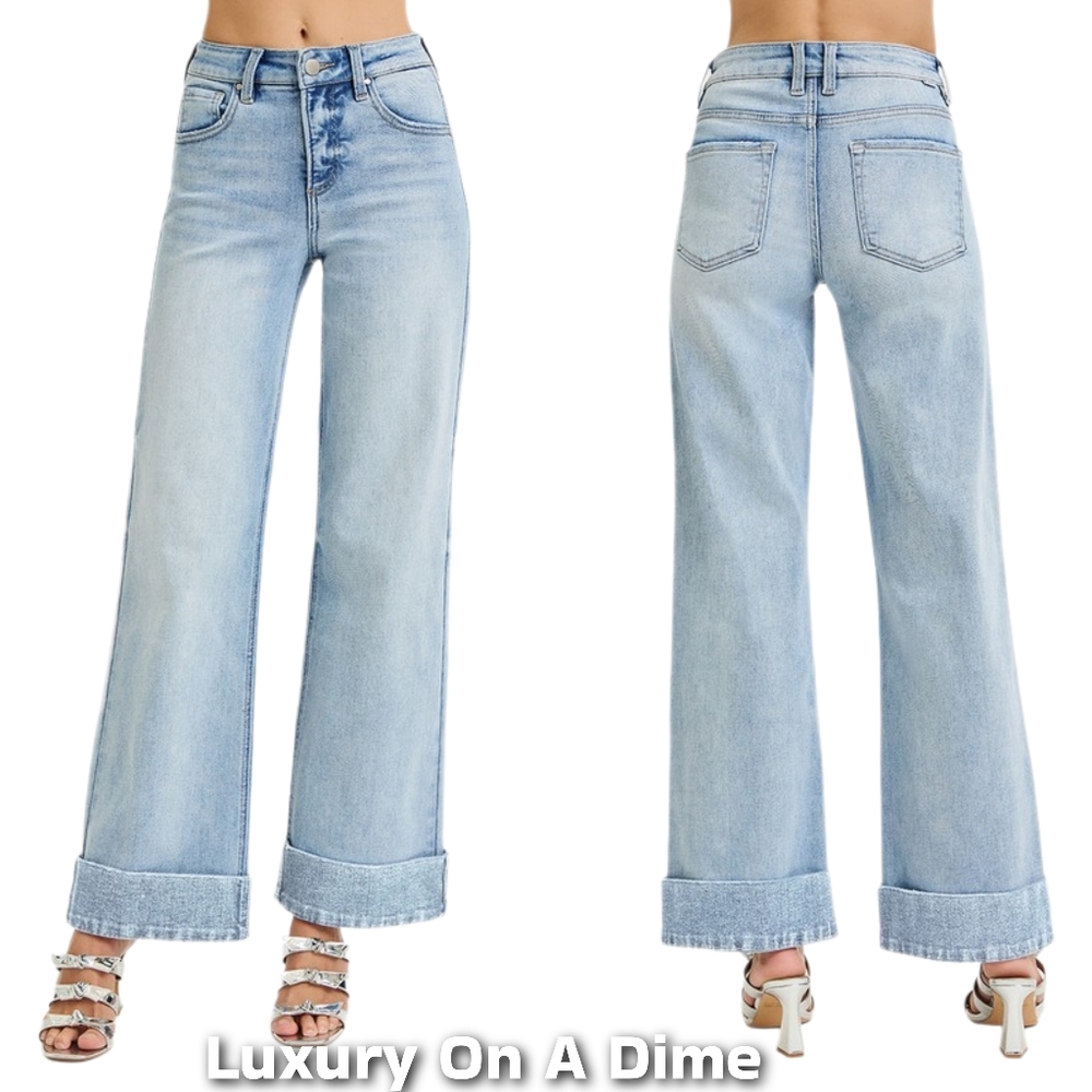 RISEN High-Rise Tummy Control Waist Pants Wide Leg Crop Cuffed Hem Denim Jeans - Picture 3 of 13